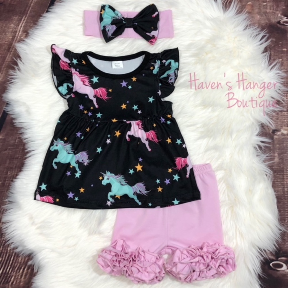 3pc. Black & Pink Unicorn Shorts Set
